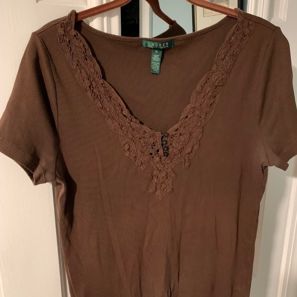 Lauren Ralph Lauren, Size XL, Brown short sleeve top with, lace front